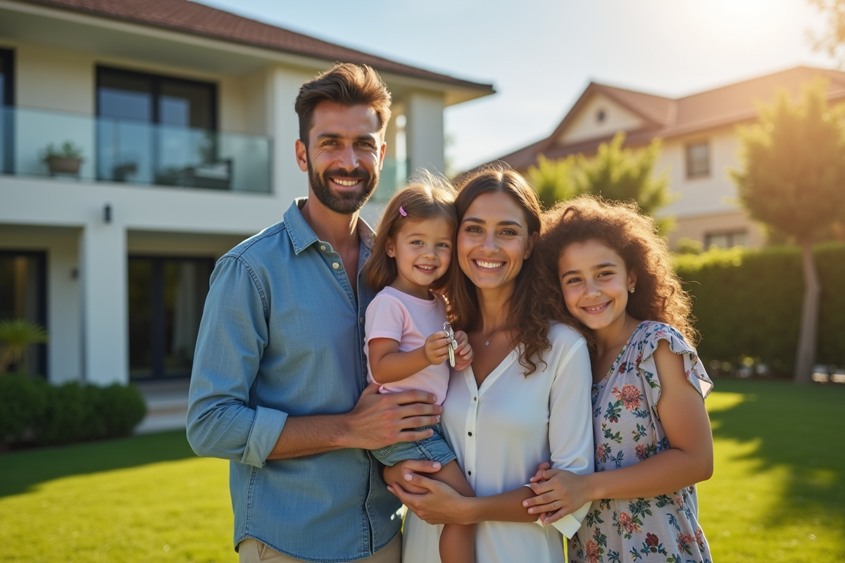 Famille heureuse avec agent immobilier devant maison moderne