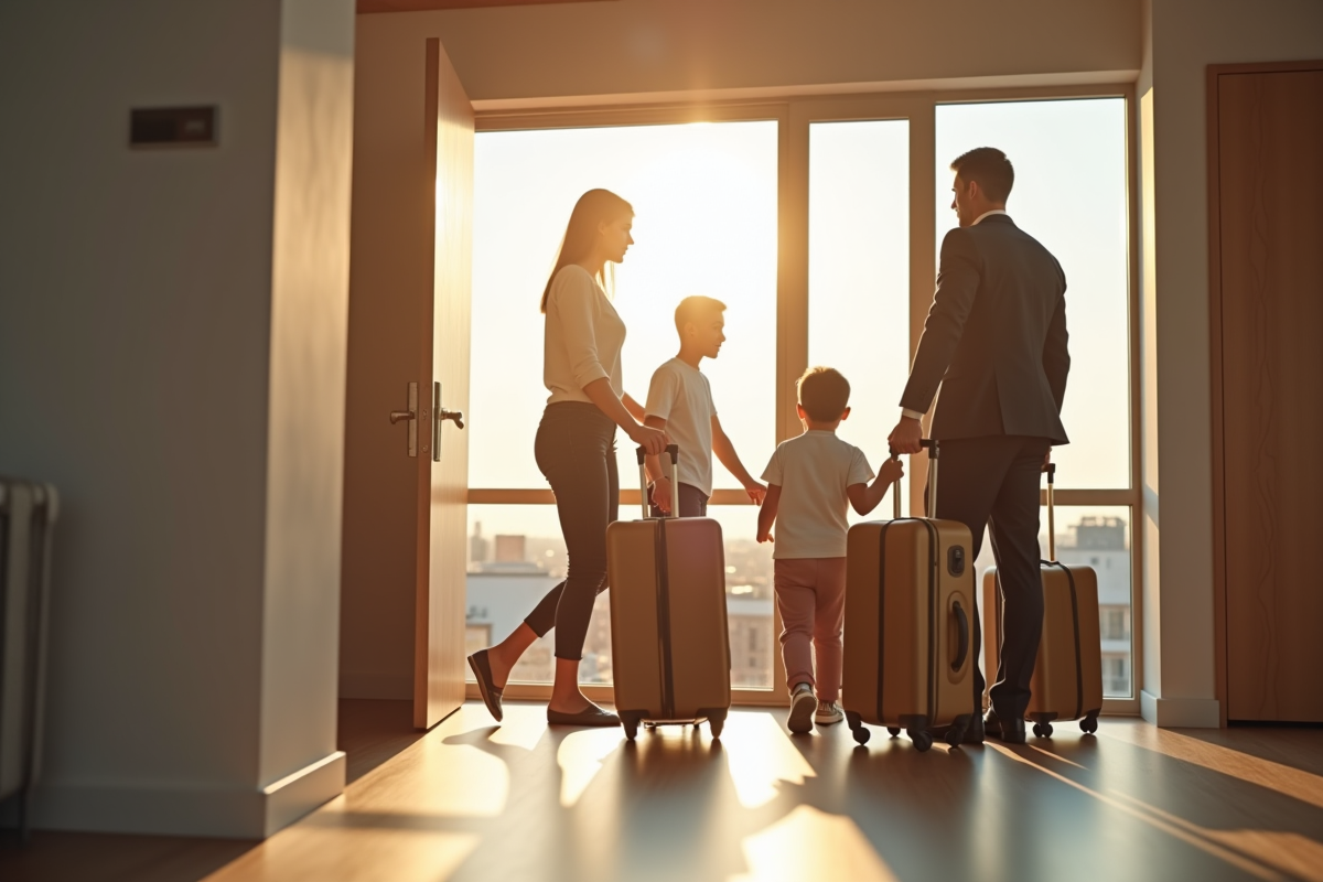 Famille soulagée accueillie dans un appartement moderne