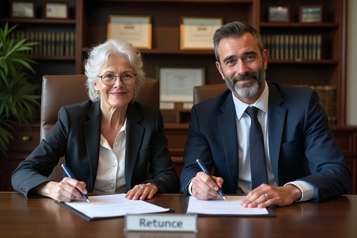 Deux membres d'une famille signant des documents de succession chez un notaire
