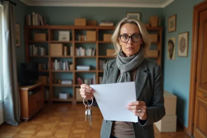 Femme d'&acirc;ge moyen tenant cl&eacute;s et document dans un appartement