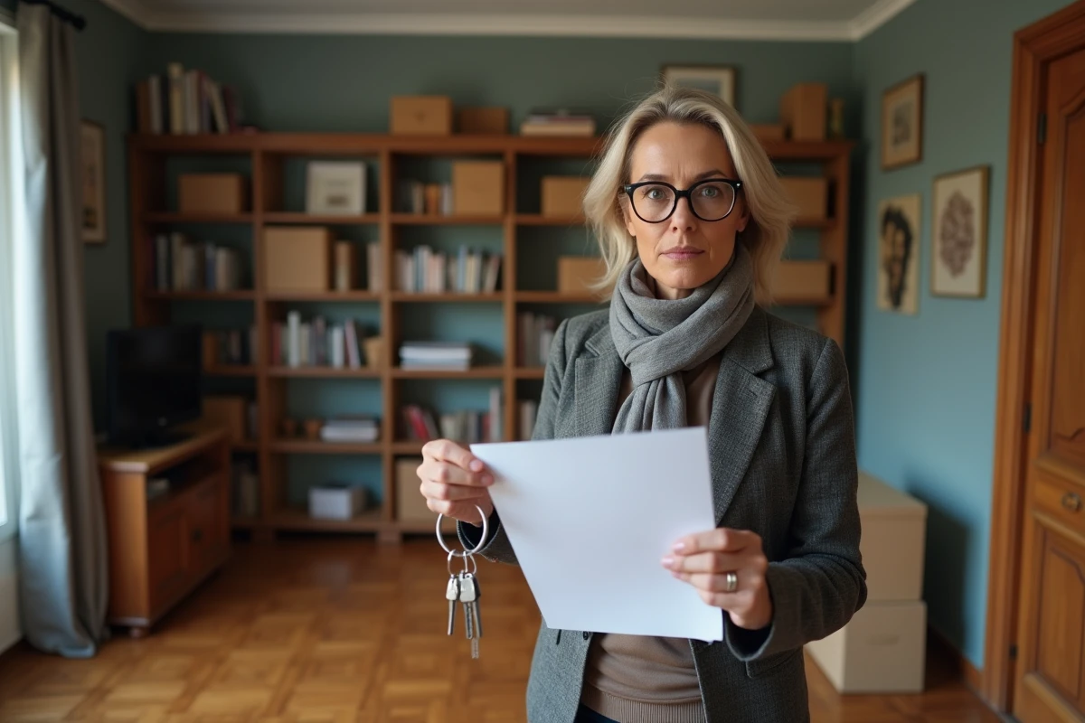 Femme d'âge moyen tenant clés et document dans un appartement