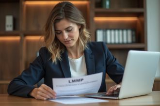 Femme d affaires en bureau examinant documents LMNP