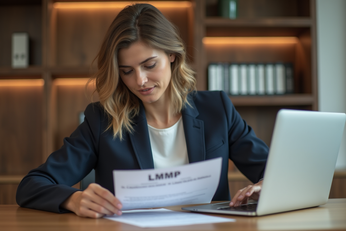 Femme d affaires en bureau examinant documents LMNP