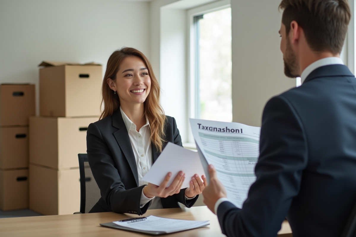 Femme d affaires rencontrant un conseiller fiscal avec cartons en arrière-plan