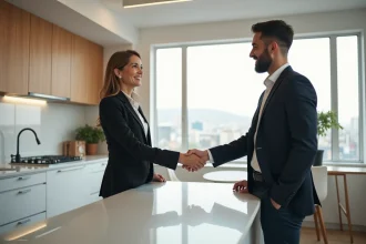 Femme d'affaires serrant la main d'un agent immobilier dans une cuisine moderne