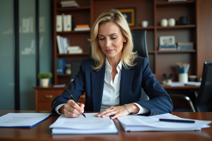 Femme d'affaires signant des documents dans un bureau moderne