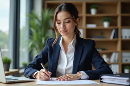Femme d'affaires signant des documents dans un bureau moderne