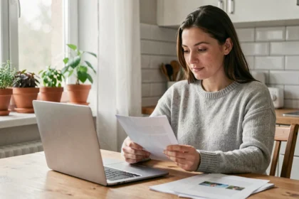 Femme consultant son attestation d'assurance habitation sur ordinateur portable dans une cuisine moderne