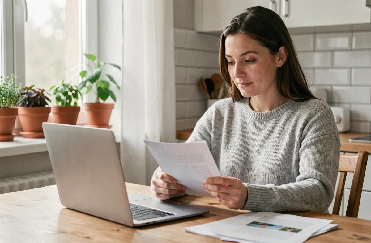 Femme consultant son attestation d'assurance habitation sur ordinateur portable dans une cuisine moderne