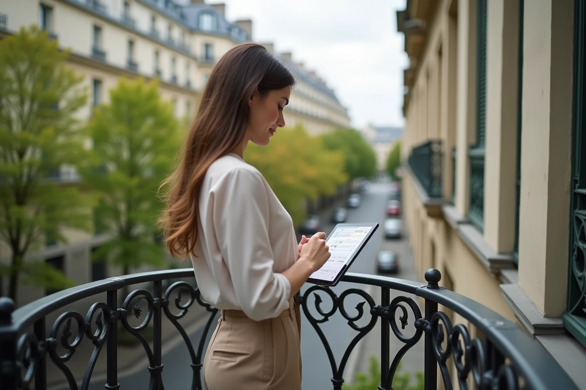 Jeune femme sur un balcon parisien consultant une estimation en ligne