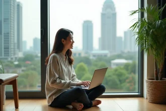 Jeune femme asiatique souriante dans un appartement moderne à Bangkok