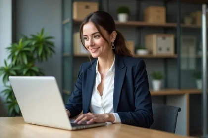 Femme professionnelle au bureau avec ordinateur portable