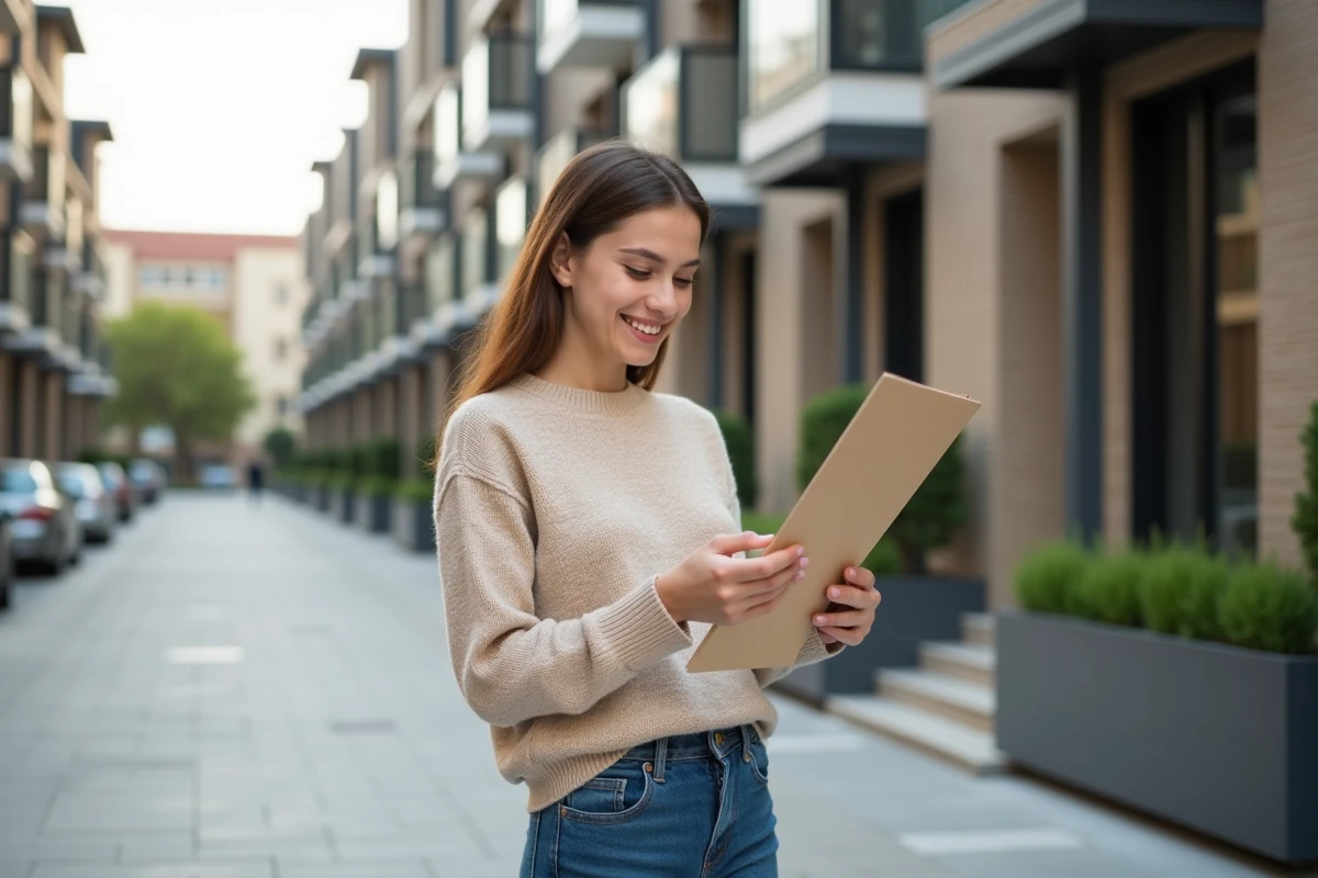 Jeune femme regardant une annonce immobiliere en ville