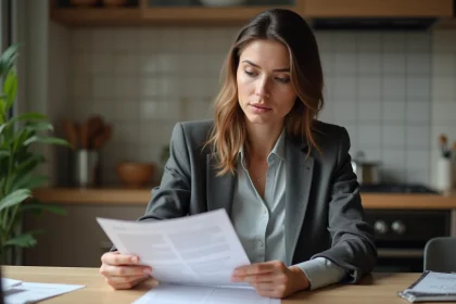 Femme d'affaires examine un contrat de location dans sa cuisine