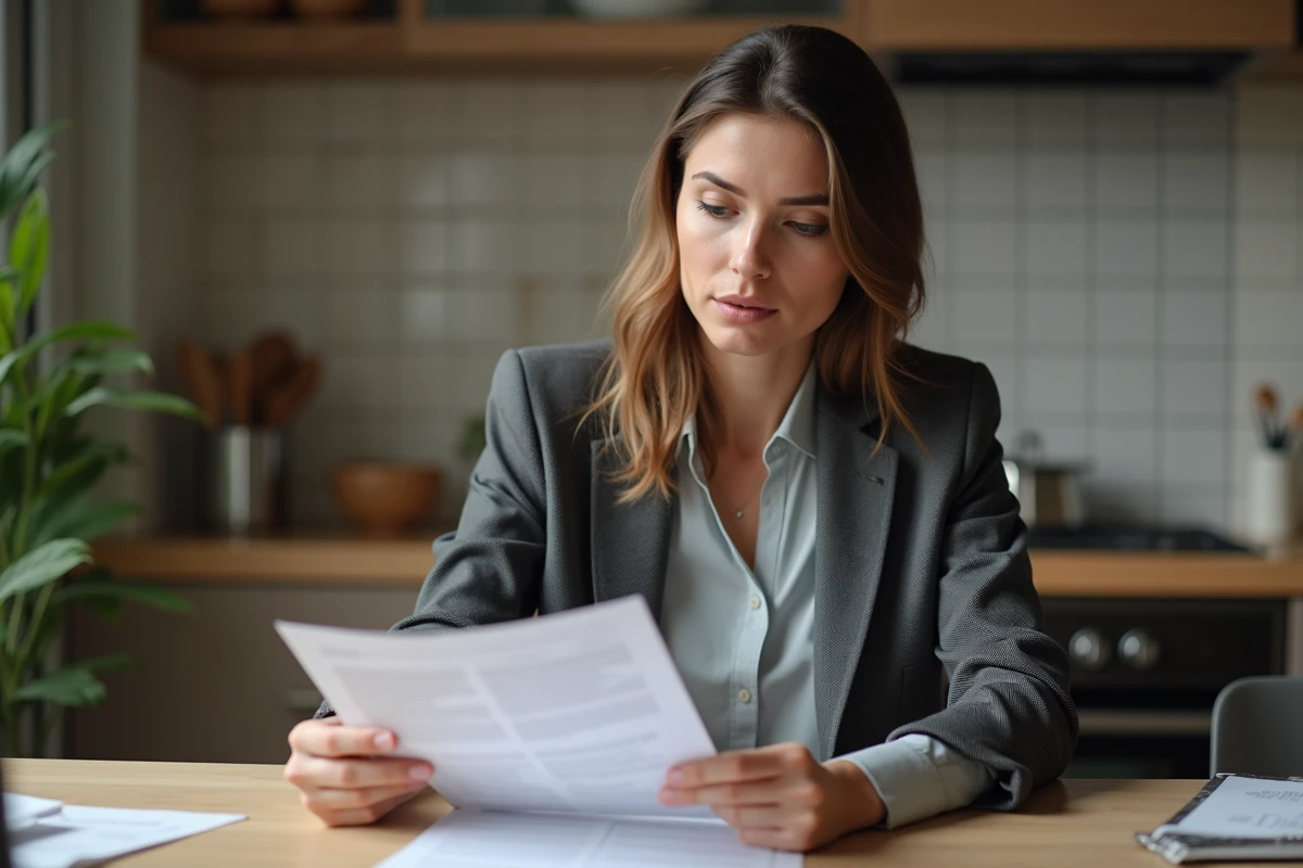Femme d'affaires examine un contrat de location dans sa cuisine