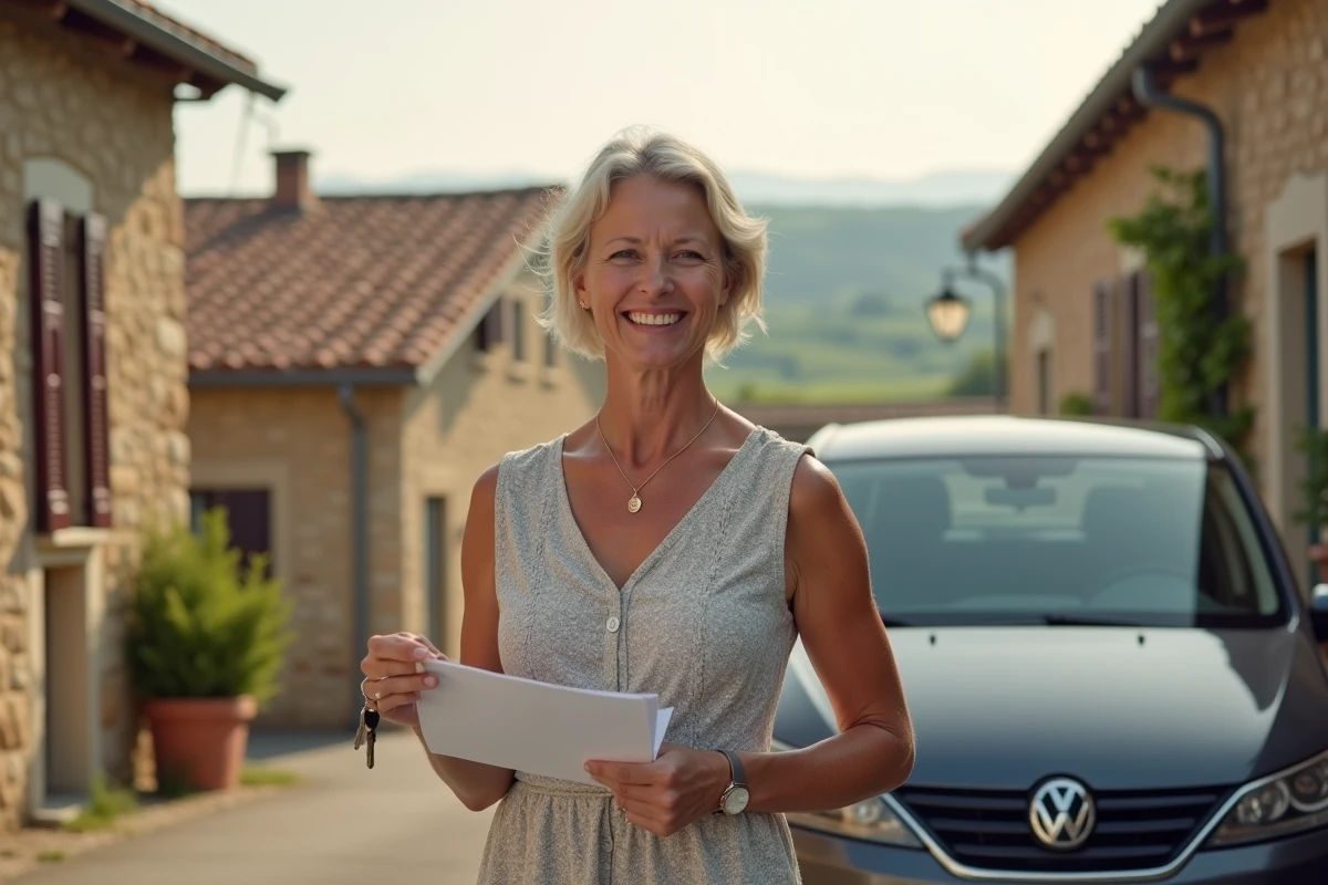 Femme dans un village du sud de la France avec cl&eacute;s et contrat