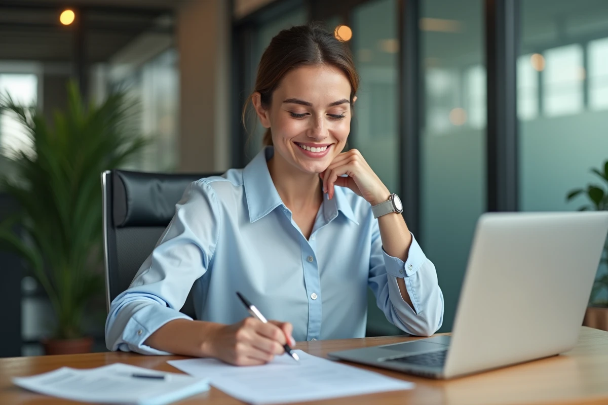 Femme souriante examinant des documents de prêt immobilier