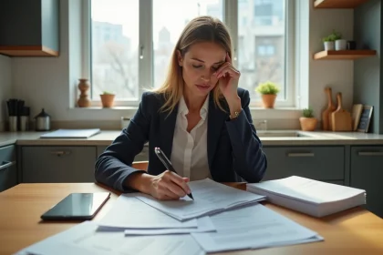 Femme &eacute;tudie contrats et finances dans un appartement lumineux