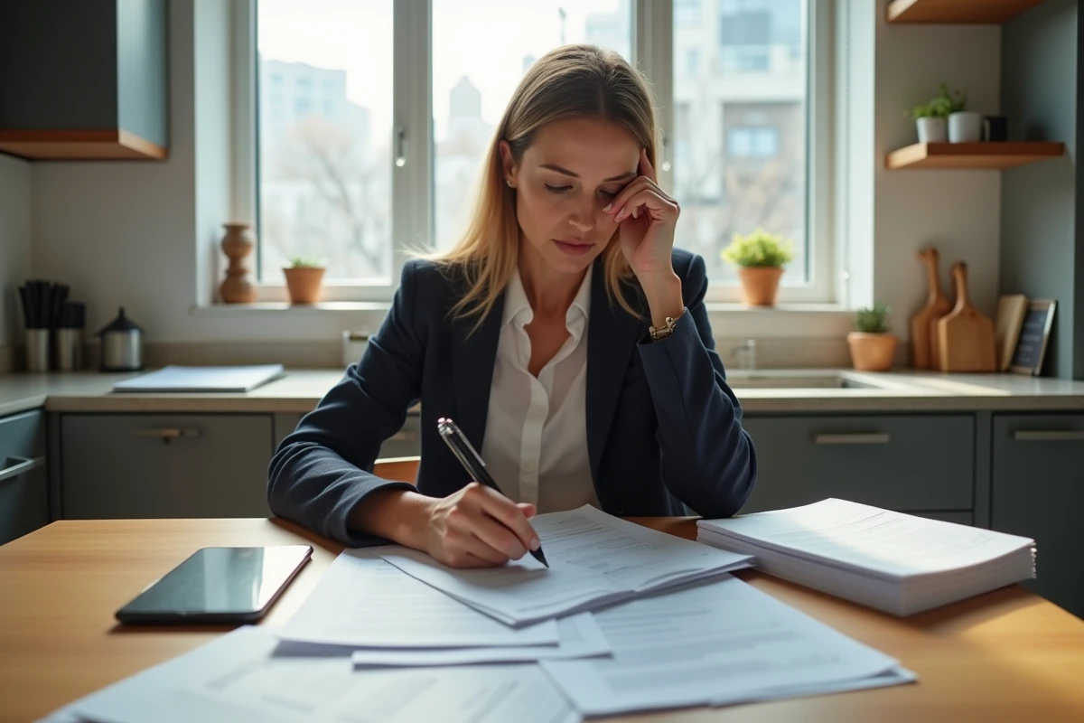 Femme étudie contrats et finances dans un appartement lumineux