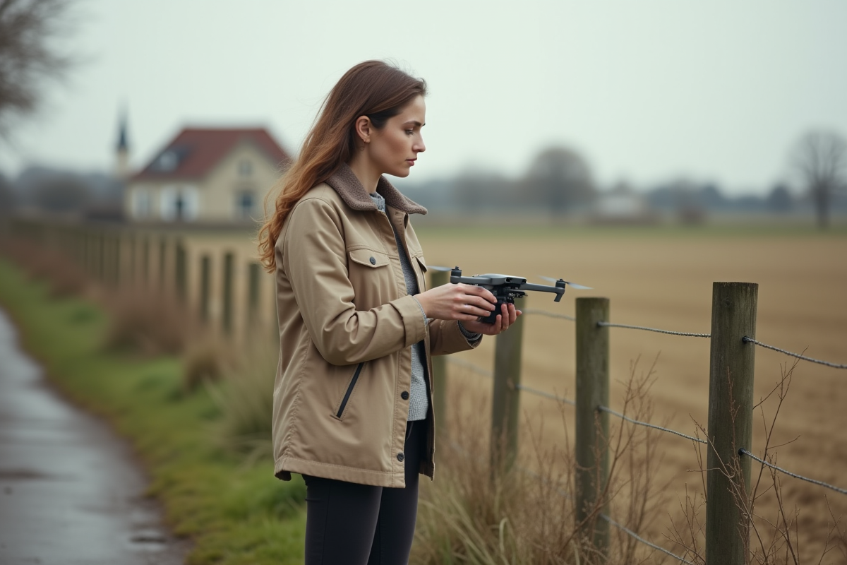 Femme opérant un drone dans un paysage rural français