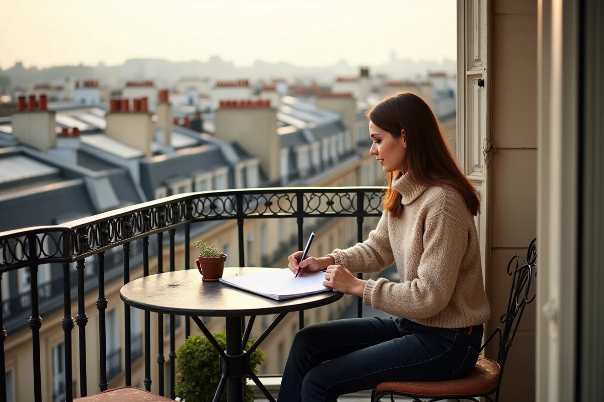 Femme discutant avec agent immobilier sur balcon parisien