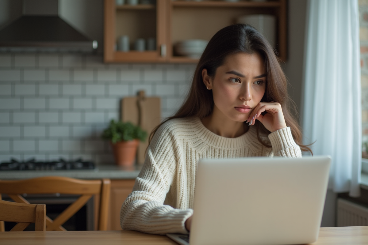 Jeune femme assise à la table de cuisine avec son ordinateur portable