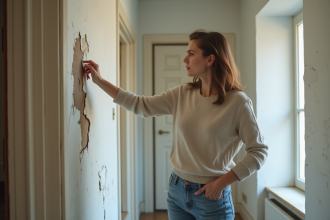 Femme pointant des dégâts d'eau sur un mur d'appartement ancien
