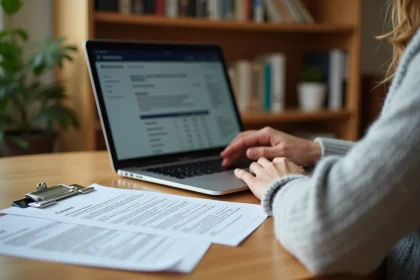 Femme consultant ses documents fiscaux sur myfoncia.com pour préparer sa déclaration d'impôts