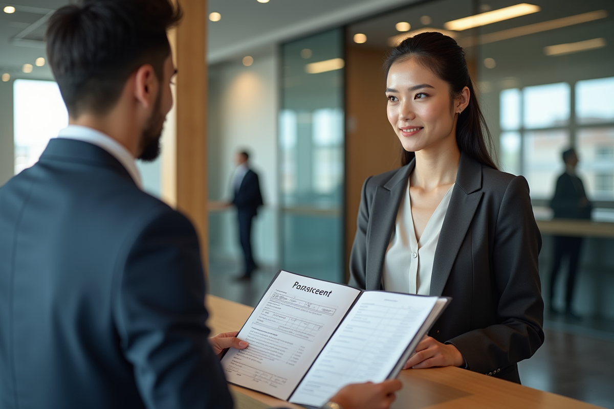 Jeune femme discutant de documents financiers au guichet