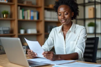 Femme professionnelle à Abidjan révisant un dossier de documents pour une location d'appartement
