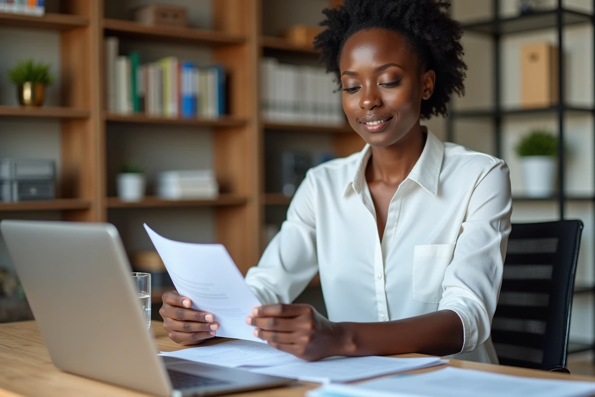 Femme professionnelle à Abidjan révisant un dossier de documents pour une location d'appartement