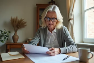 Femme consultant des documents administratifs pour une succession à la table de cuisine