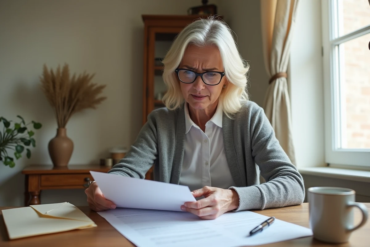 Femme consultant des documents administratifs pour une succession à la table de cuisine