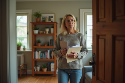 Femme d'&acirc;ge moyen tenant un dossier dans un appartement