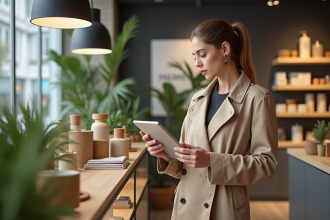 Femme en trench beige utilisant une tablette dans un magasin moderne