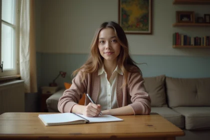 Jeune femme écrivant une lettre dans un salon accueillant