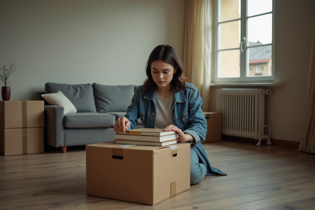 Jeune femme emballant des livres dans un salon vide