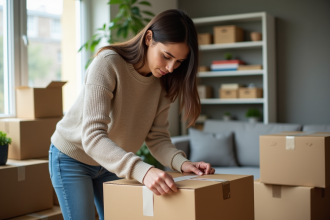 Femme emballant une boîte dans un appartement lumineux