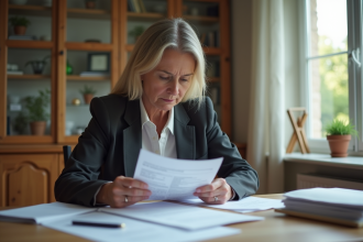 Femme française examinant des documents fiscaux à la maison