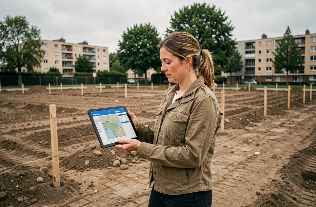 Femme consultant le Géoportail sur tablette sur un terrain vague urbain lors d'une étude de faisabilité pour un projet de construction
