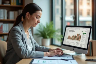 Femme gestionnaire locative travaillant sur un logiciel de gestion immobilière à son bureau à domicile