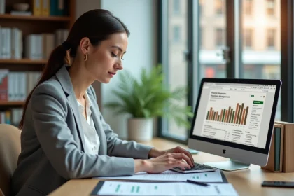 Femme gestionnaire locative travaillant sur un logiciel de gestion immobilière à son bureau à domicile