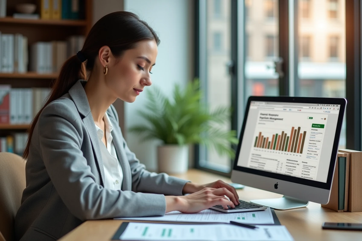 Femme gestionnaire locative travaillant sur un logiciel de gestion immobilière à son bureau à domicile