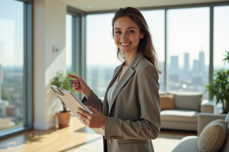 Femme souriante tenant des clés et un clipboard dans un salon lumineux