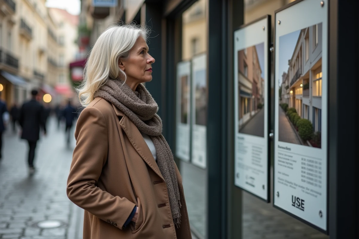 Femme regardant une annonce immobilière devant une agence à Lyon