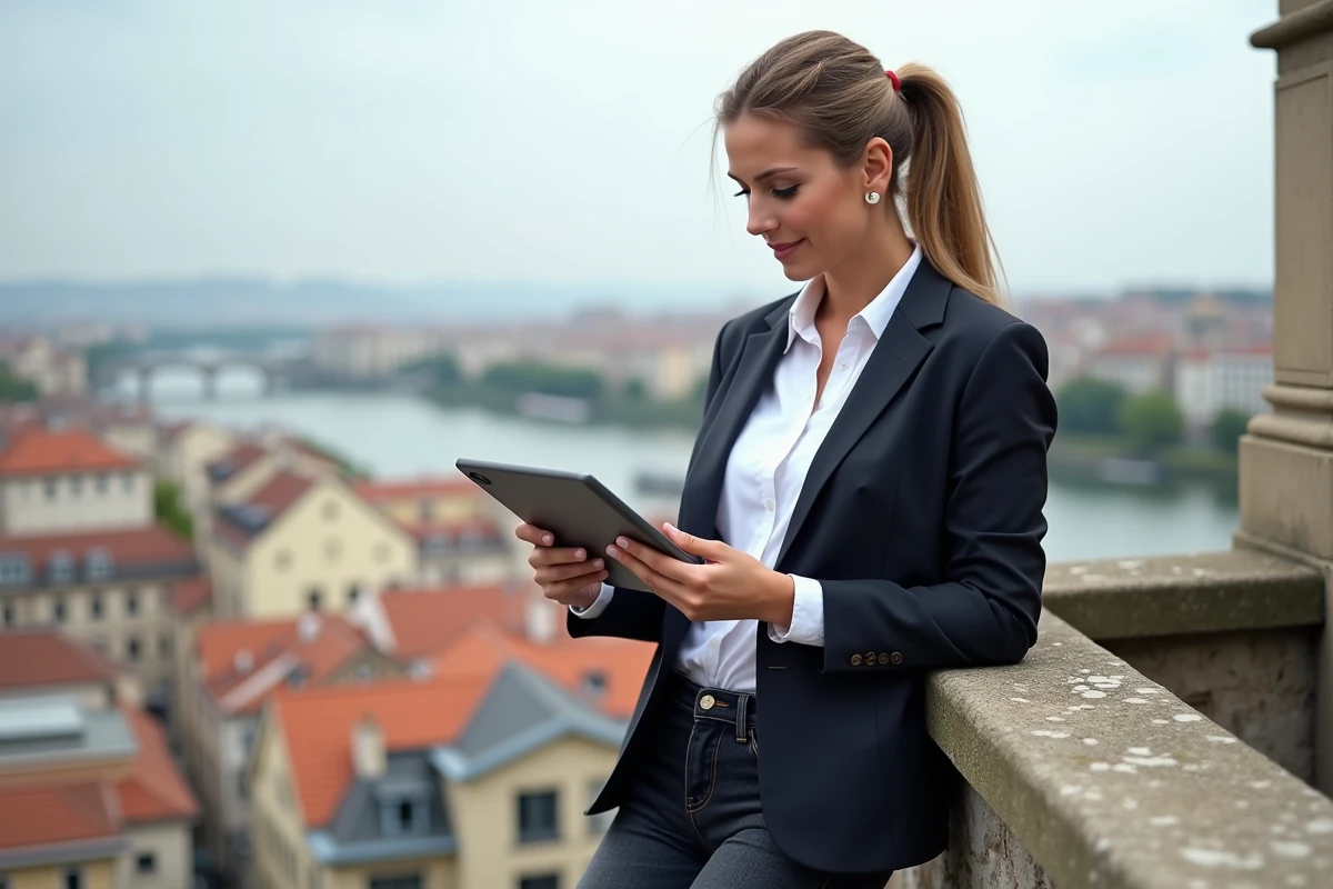 Femme professionnelle avec tablette sur terrasse lyonnaise