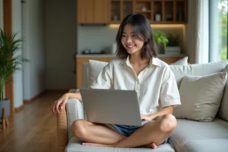 Jeune femme détendue avec ordinateur dans un appartement thaïlandais