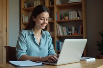 Femme rédigeant un mail de relance pour une commission d'attribution de logement social sur son ordinateur portable