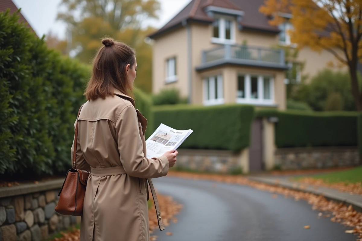 Femme devant une maison &agrave; vendre tenant un dossier immobilier, illustrant la revente d'un bien financ&eacute; par PTZ