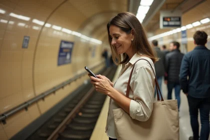 Femme montant dans le métro de Marseille avec son téléphone et un sac en toile, station souterraine animée